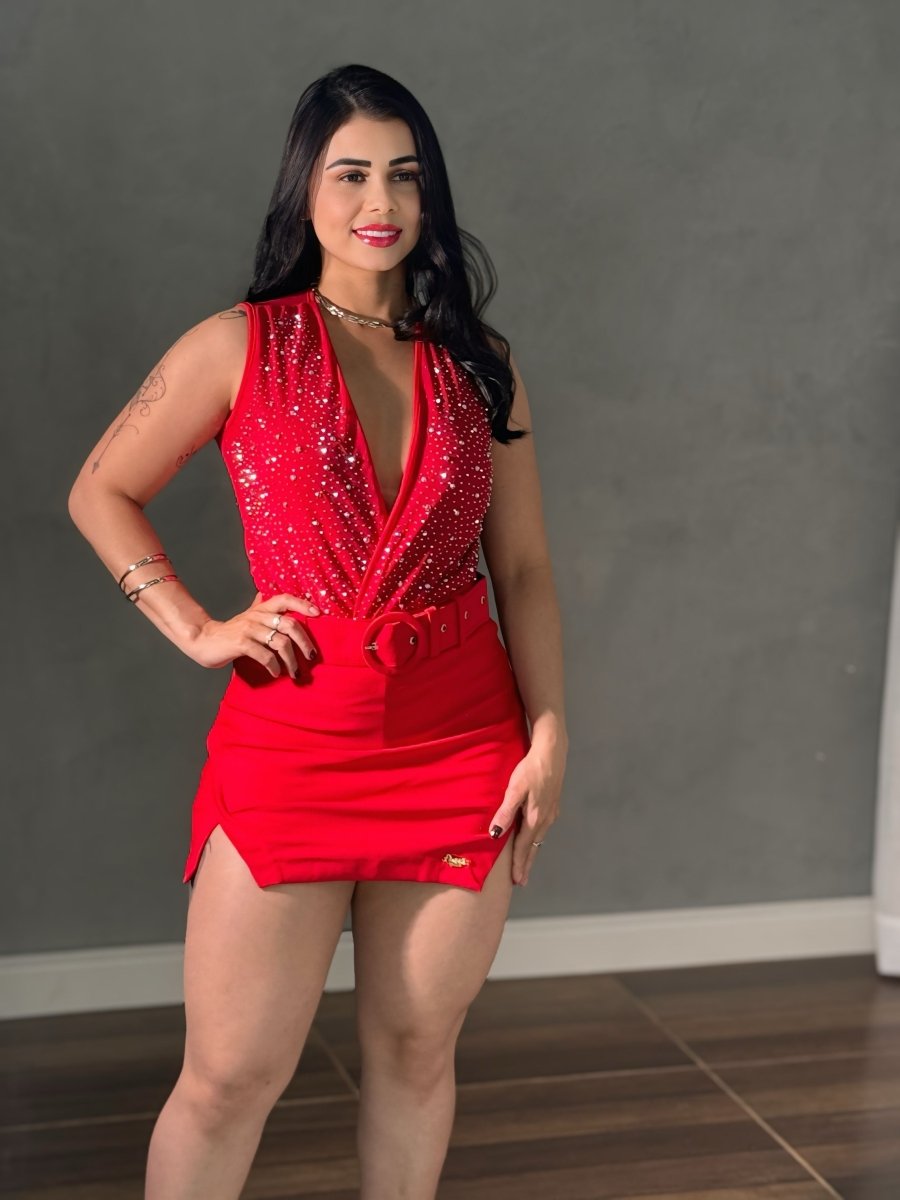 Body Tule com Brilho manga curta | Decote V, Bojo - Preciosa by Catiuse Daniela