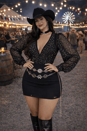 Body tule com brilho manga longa Cristal (preto, branco, vermelho) - Preciosa by Catiuse Daniela