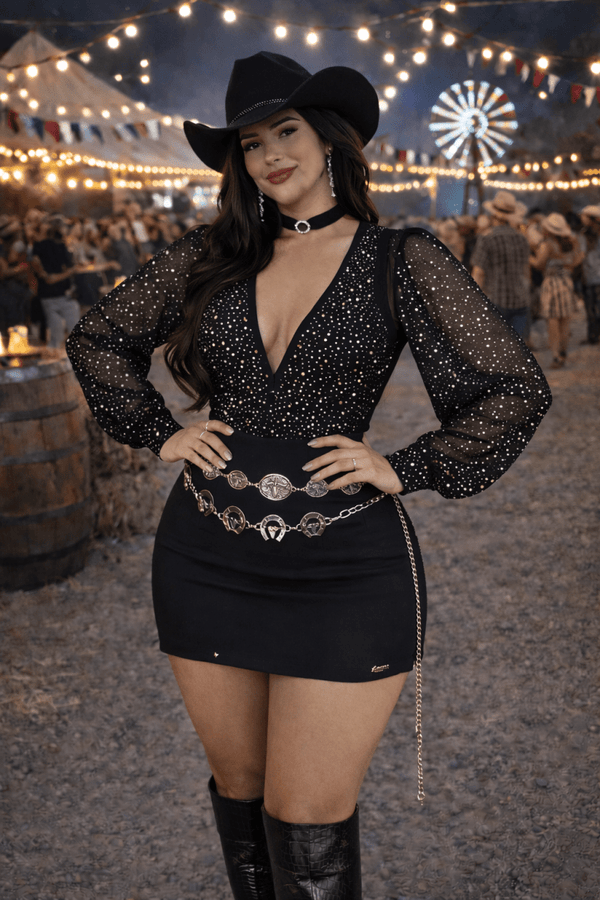 Body tule com brilho manga longa Cristal (preto, branco, vermelho) - Preciosa by Catiuse Daniela