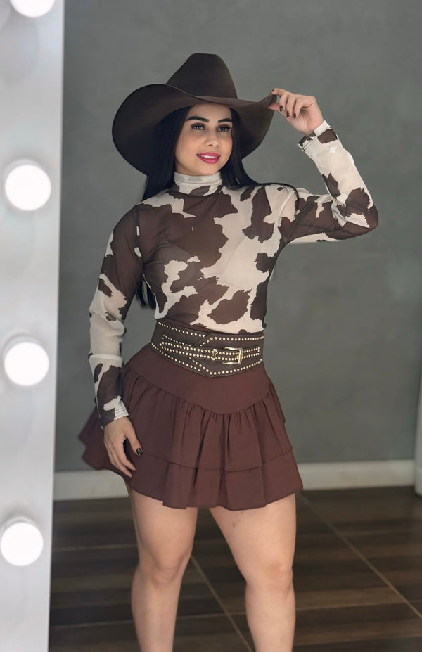 Body Western Luana | Tecido Tule de Poliamida Premium com Estampa Cow e Gola Alta - Preciosa by Catiuse Daniela