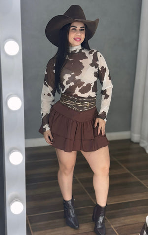 Body Western Luana | Tecido Tule de Poliamida Premium com Estampa Cow e Gola Alta - Preciosa by Catiuse Daniela
