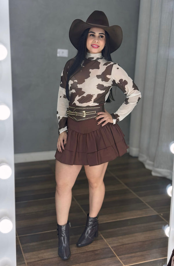 Body Western Luana | Tecido Tule de Poliamida Premium com Estampa Cow e Gola Alta - Preciosa by Catiuse Daniela