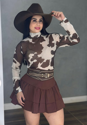 Body Western Luana | Tecido Tule de Poliamida Premium com Estampa Cow e Gola Alta - Preciosa by Catiuse Daniela