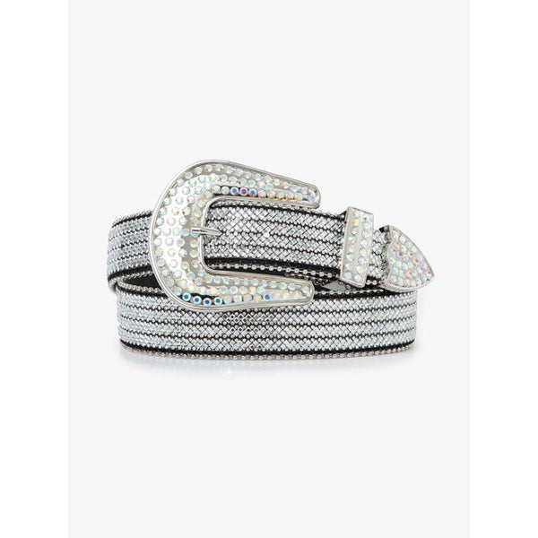 "Cinto country feminino luxuoso com fivela cravejada de strass, detalhe principal prata
