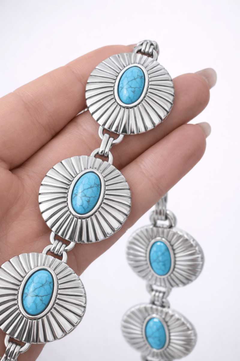 Cinto Metal Tiffany Luxo | Medalhões Western e Pedraria Turquesa - Preciosa by Catiuse Daniela