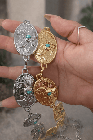 Cinto Touro Azul Luxo | Medalhões Western em Metal Prata e Dourado - Preciosa by Catiuse Daniela