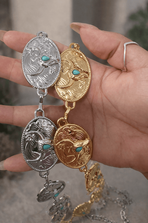 Cinto Touro Azul Luxo | Medalhões Western em Metal Prata e Dourado - Preciosa by Catiuse Daniela