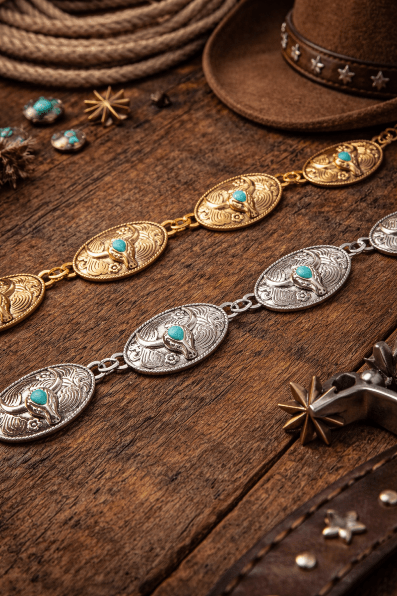 Cinto Touro Azul Luxo | Medalhões Western em Metal Prata e Dourado - Preciosa by Catiuse Daniela