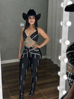 Conjunto Ariana Luxo | Cropped e Calça com Strass e Pedraria Manual - Preciosa by Catiuse Daniela