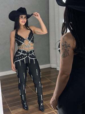 Conjunto Ariana Luxo | Cropped e Calça com Strass e Pedraria Manual - Preciosa by Catiuse Daniela