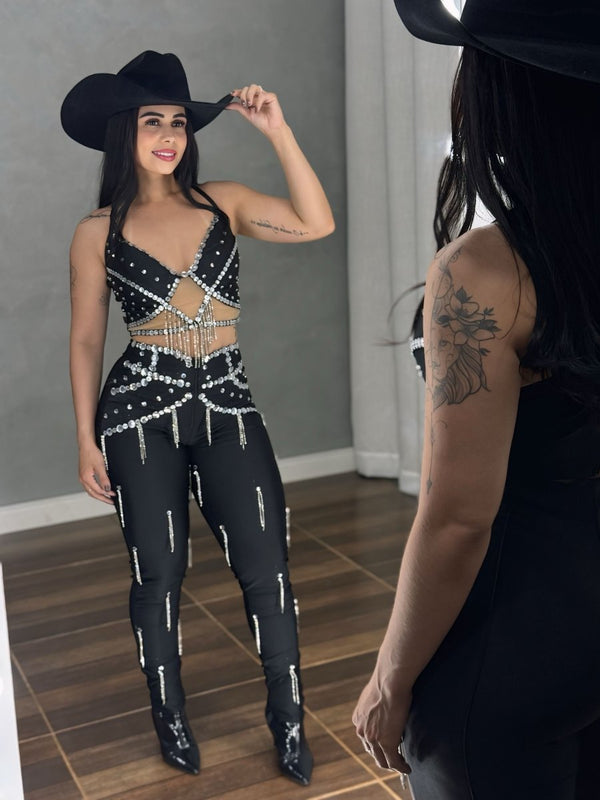 Conjunto Ariana Luxo | Cropped e Calça com Strass e Pedraria Manual - Preciosa by Catiuse Daniela
