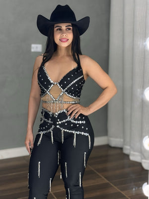 Conjunto Ariana Luxo | Cropped e Calça com Strass e Pedraria Manual - Preciosa by Catiuse Daniela