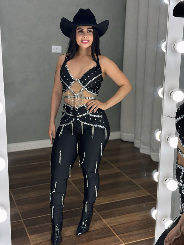 Conjunto Ariana Luxo | Cropped e Calça com Strass e Pedraria Manual - Preciosa by Catiuse Daniela
