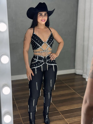 Conjunto Ariana Luxo | Cropped e Calça com Strass e Pedraria Manual - Preciosa by Catiuse Daniela