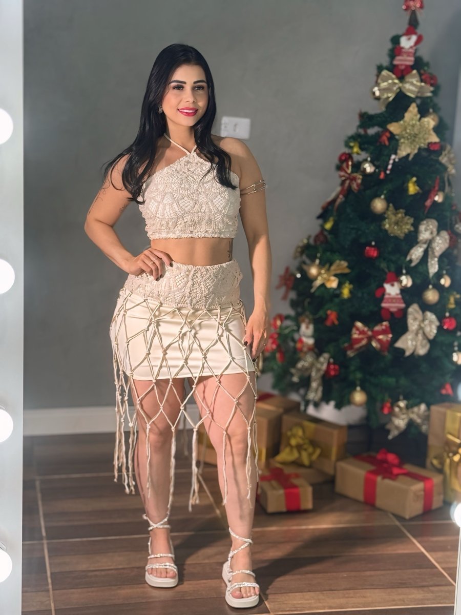 Conjunto Crochê e Renda Macramê | Cropped, Saia e Franjas Artesanais - Preciosa by Catiuse Daniela