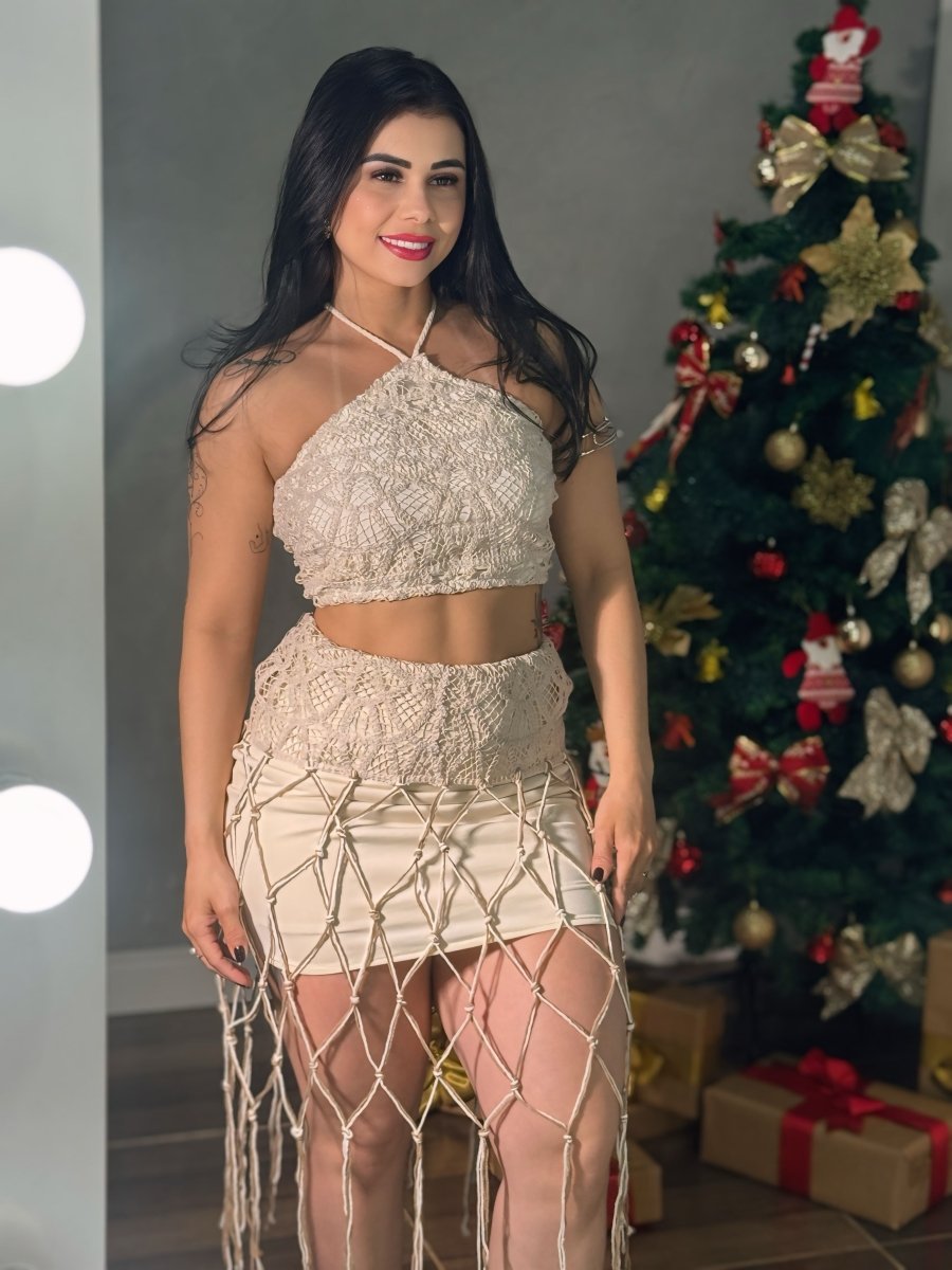 Conjunto Crochê e Renda Macramê | Cropped, Saia e Franjas Artesanais - Preciosa by Catiuse Daniela