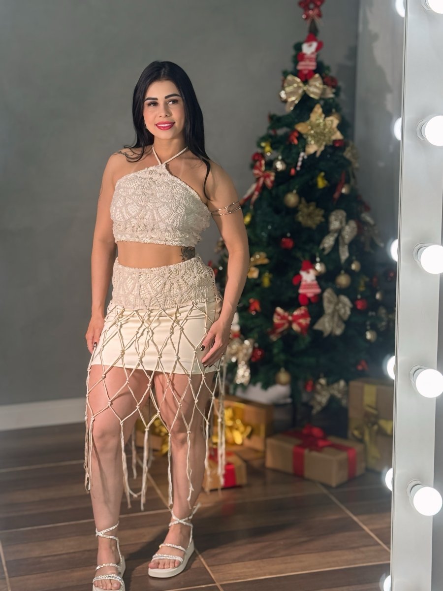 Conjunto Crochê e Renda Macramê | Cropped, Saia e Franjas Artesanais - Preciosa by Catiuse Daniela