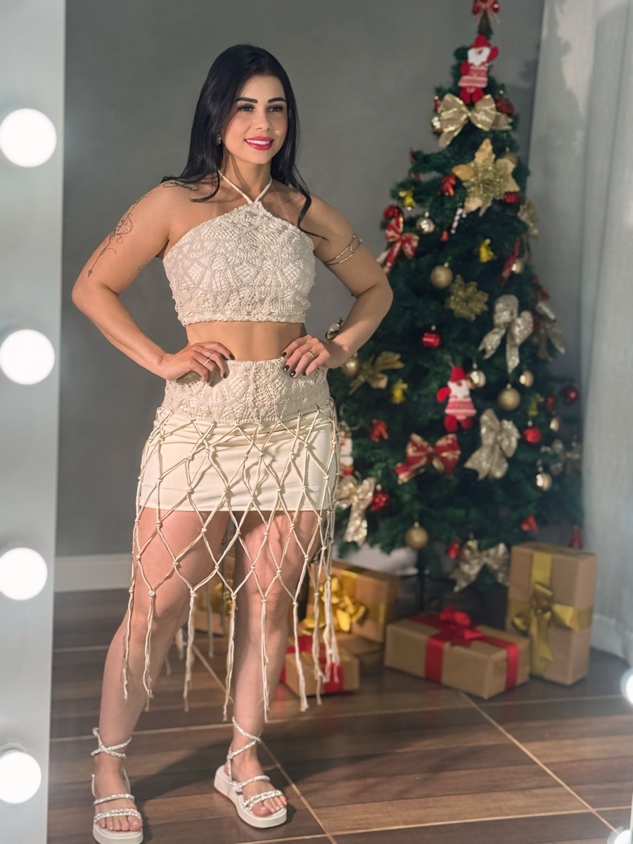 Conjunto Crochê e Renda Macramê | Cropped, Saia e Franjas Artesanais - Preciosa by Catiuse Daniela