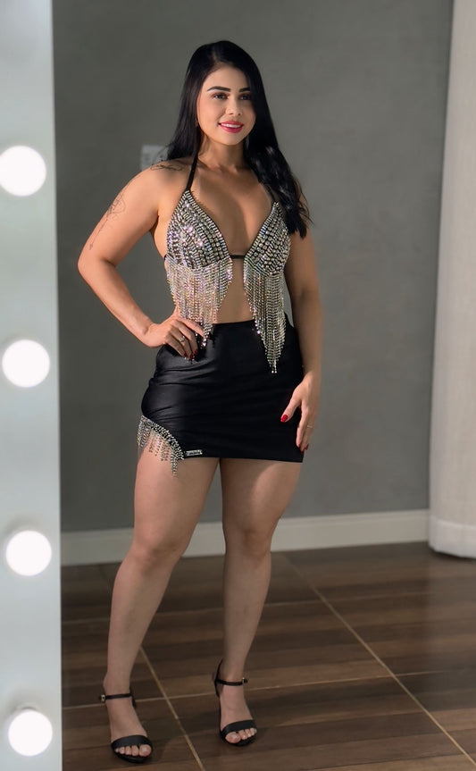 Conjunto com Franja de Strass - Cropped e Saia Poliamida beach Gloss
