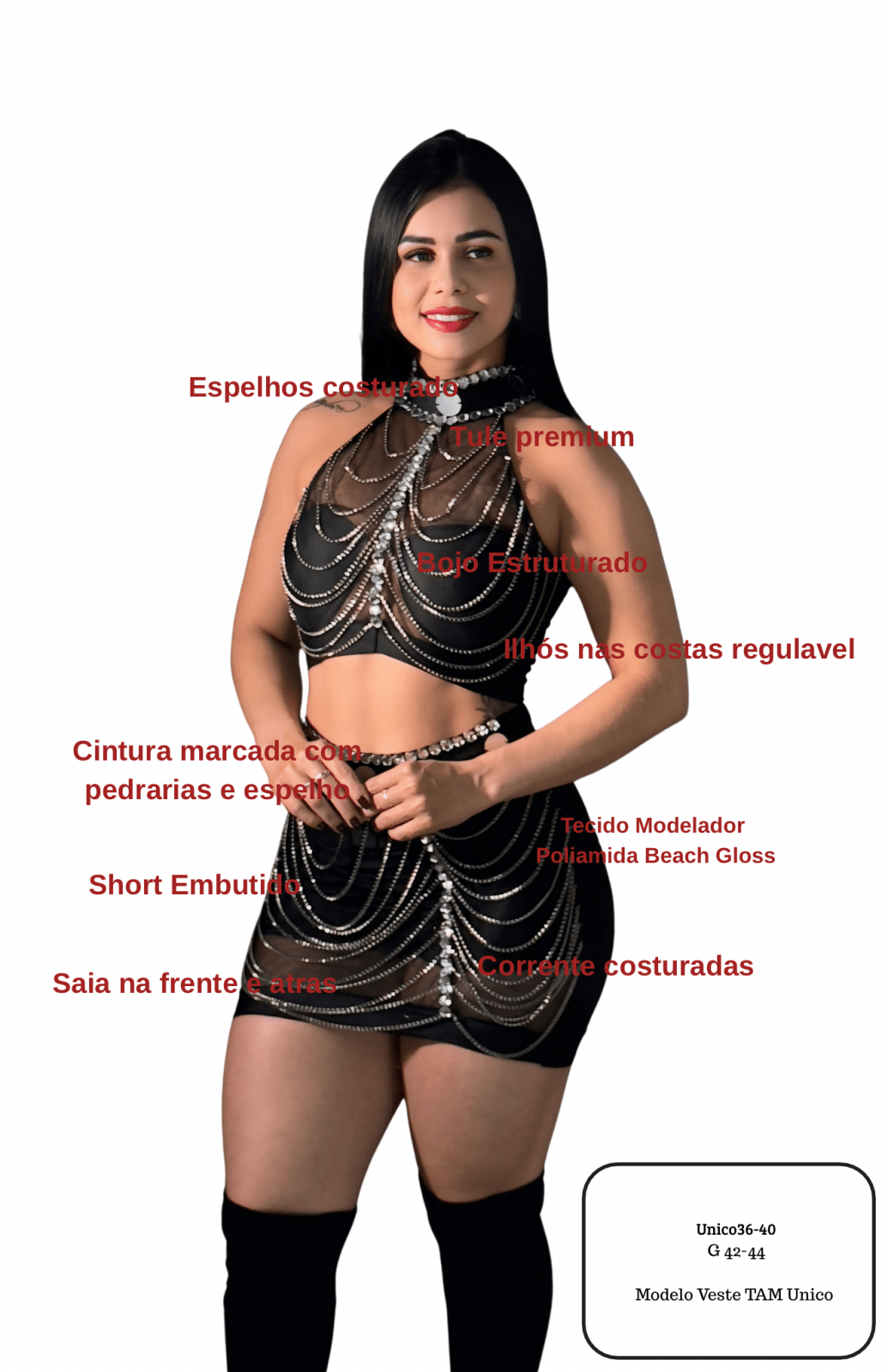 Conjunto Cropped e Short Saia | Balada - Tule ,Brilho e Corrente - Preciosa by Catiuse Daniela