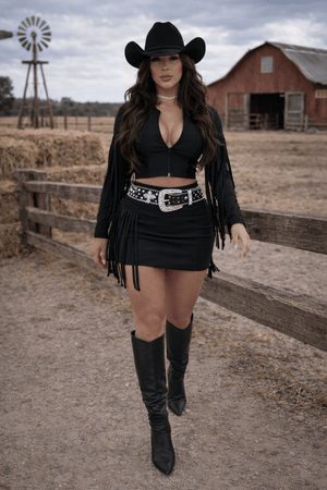 Conjunto Franja Isadora Luxo | Jaqueta com Zíper e Saia Cós Alto - Preciosa by Catiuse Daniela