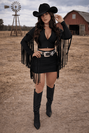 Conjunto Franja Isadora Luxo | Jaqueta com Zíper e Saia Cós Alto - Preciosa by Catiuse Daniela