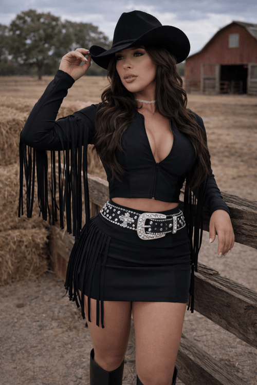 Conjunto Franja Isadora Luxo | Jaqueta com Zíper e Saia Cós Alto - Preciosa by Catiuse Daniela