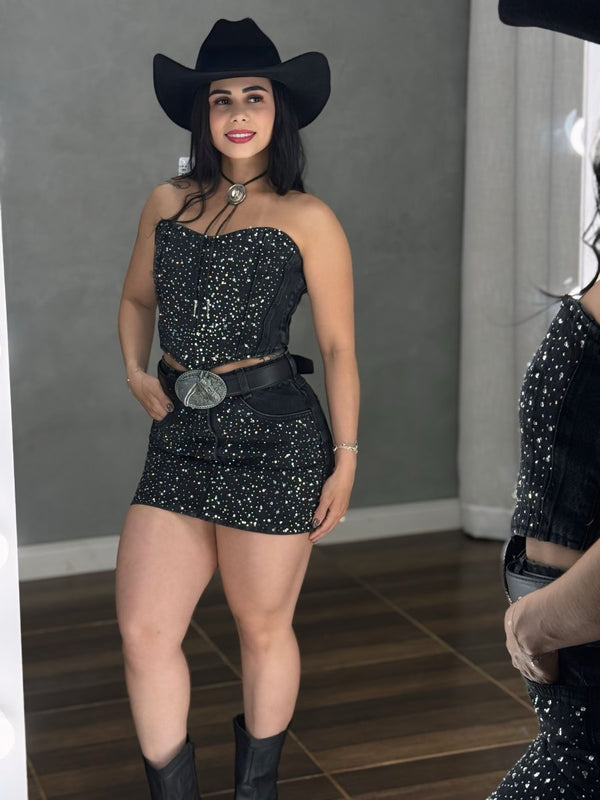 Conjunto Jeans All Black Western | Saia Cós Alto e Cropped com Strass - Preciosa by Catiuse Daniela