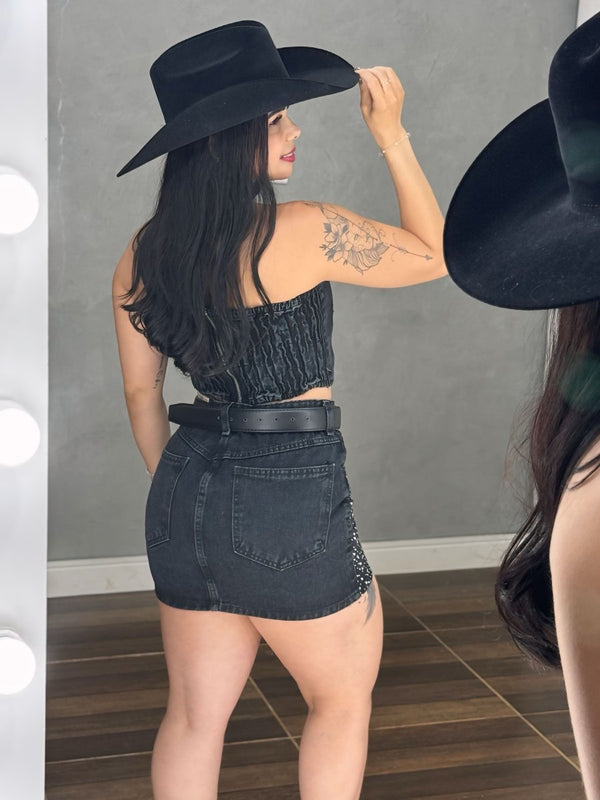 Conjunto Jeans All Black Western | Saia Cós Alto e Cropped com Strass - Preciosa by Catiuse Daniela