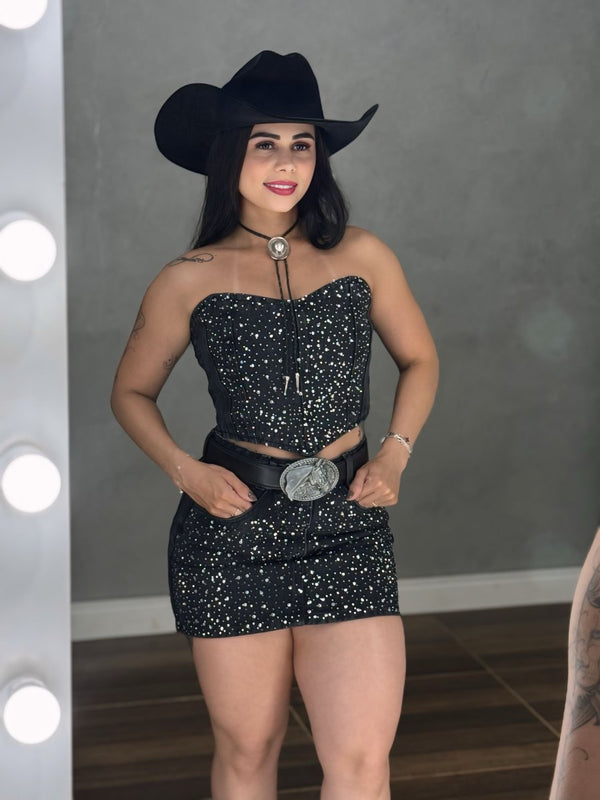 Conjunto Jeans All Black Western | Saia Cós Alto e Cropped com Strass - Preciosa by Catiuse Daniela