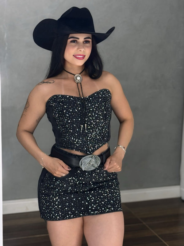 Conjunto Jeans All Black Western | Saia Cós Alto e Cropped com Strass - Preciosa by Catiuse Daniela