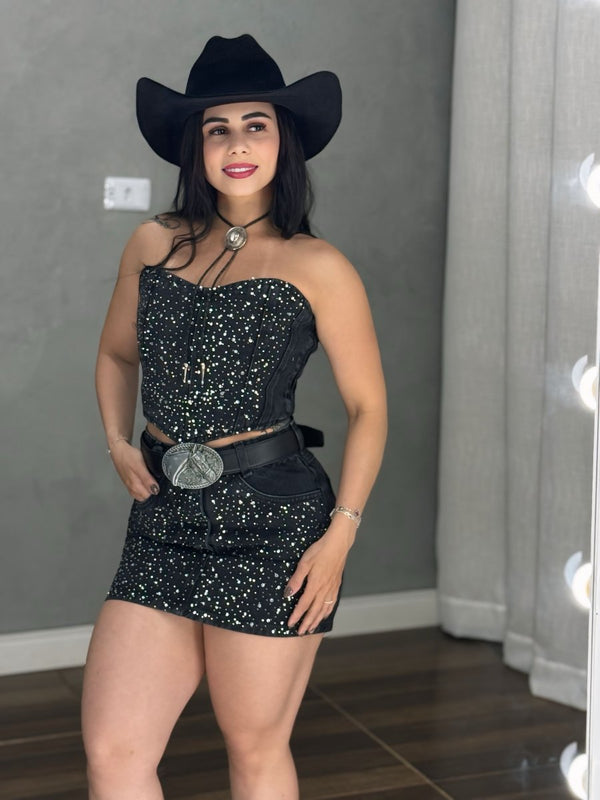Conjunto Jeans All Black Western | Saia Cós Alto e Cropped com Strass - Preciosa by Catiuse Daniela