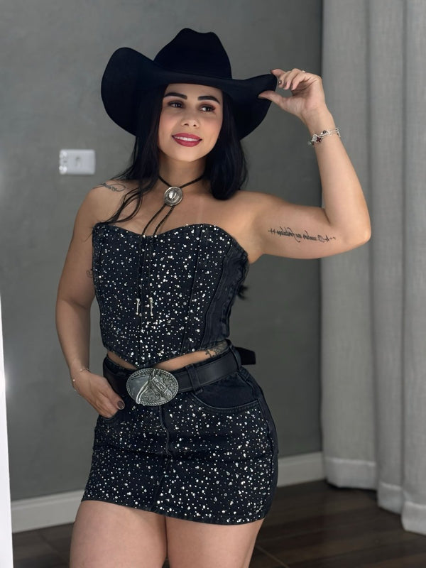 Conjunto Jeans All Black Western | Saia Cós Alto e Cropped com Strass - Preciosa by Catiuse Daniela