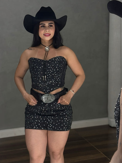 Conjunto Jeans All Black Western | Saia Cós Alto e Cropped com Strass - Preciosa by Catiuse Daniela