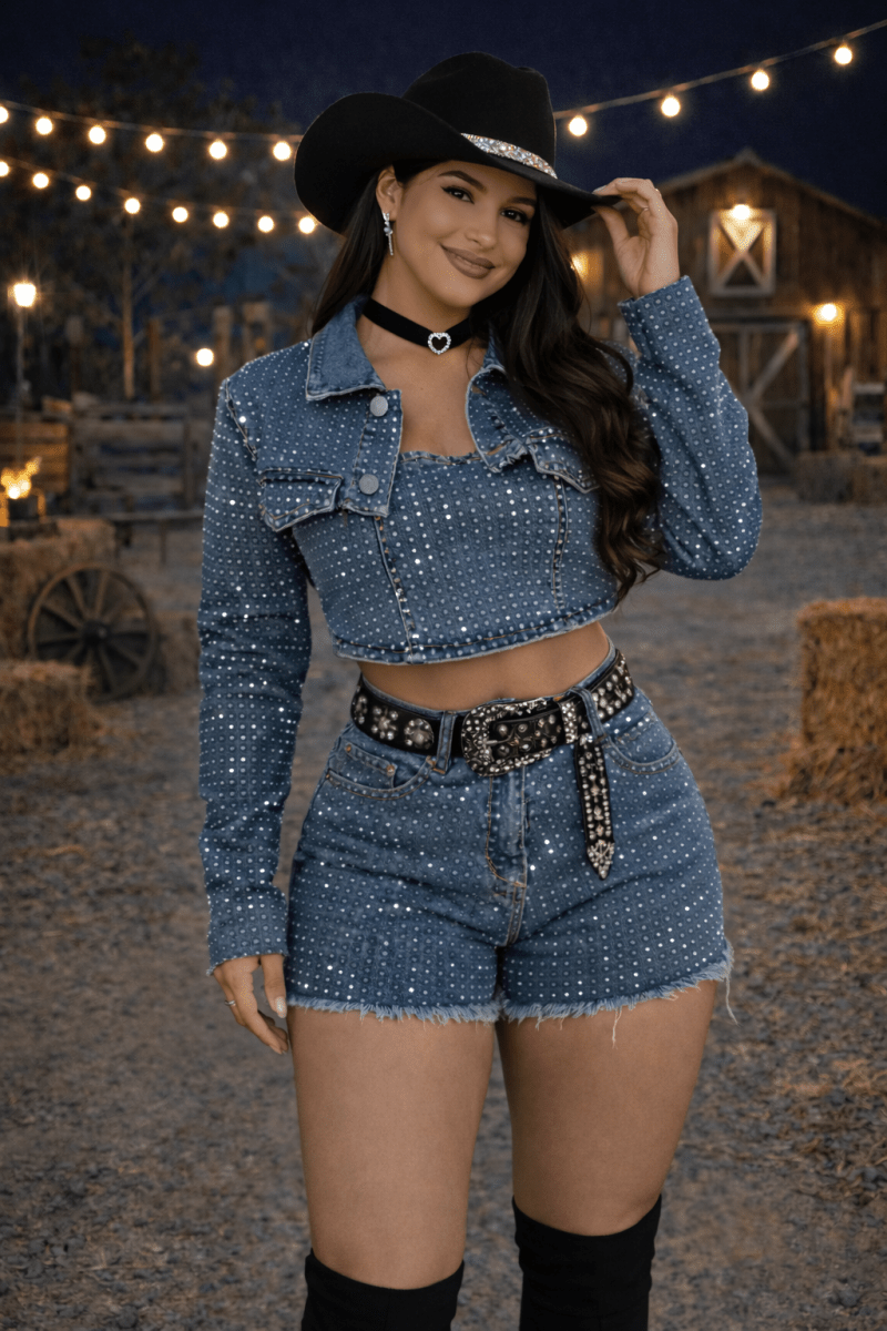 Conjunto Jeans Shine Luxo | Jaqueta, Cropped e Short com Aplicações de Brilho - Preciosa by Catiuse Daniela