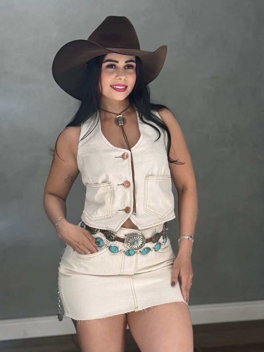 Conjunto Jeans Western Saia e Colete | 100% Jeans - Preciosa by Catiuse Daniela