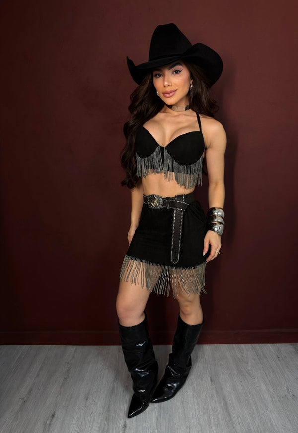 Conjunto Lorena Western Luxo | Poliamida Beach Gloss com Franjas em Corrente - Preciosa by Catiuse Daniela