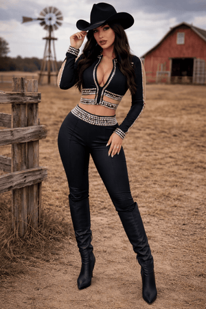 Conjunto Rafaella Calça e Cropped Pedrarias | Bordado Manual e Poliamida Trilobal - Preciosa by Catiuse Daniela