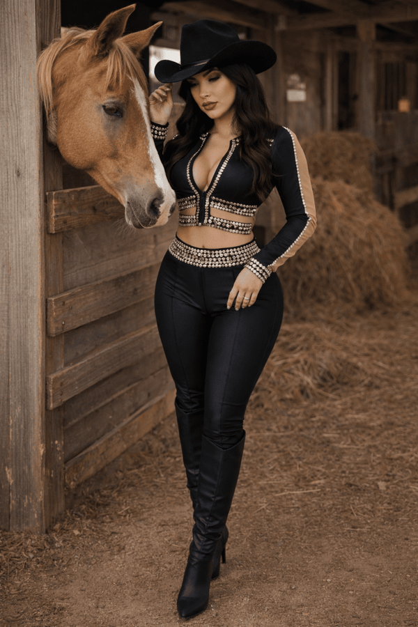 Conjunto Rafaella Calça e Cropped Pedrarias | Bordado Manual e Poliamida Trilobal - Preciosa by Catiuse Daniela