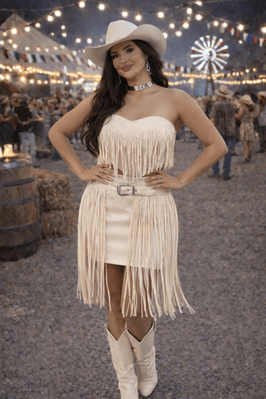 Conjunto Suede Castela Luxo | Cropped e Saia com Franjas e Fivela Western - Preciosa by Catiuse Daniela
