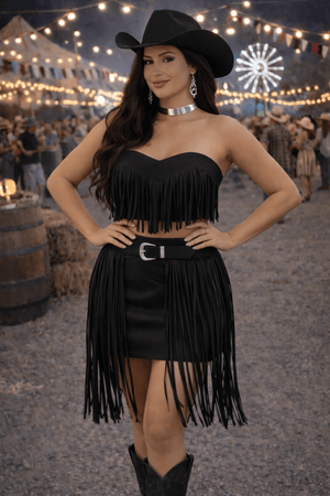 Conjunto Suede Castela Luxo | Cropped e Saia com Franjas e Fivela Western - Preciosa by Catiuse Daniela