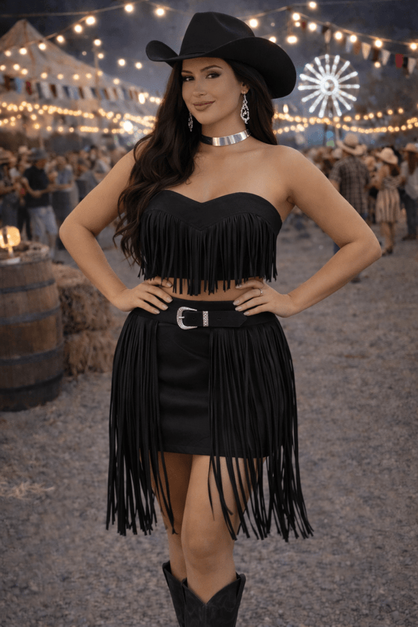 Conjunto Suede Castela Luxo | Cropped e Saia com Franjas e Fivela Western - Preciosa by Catiuse Daniela
