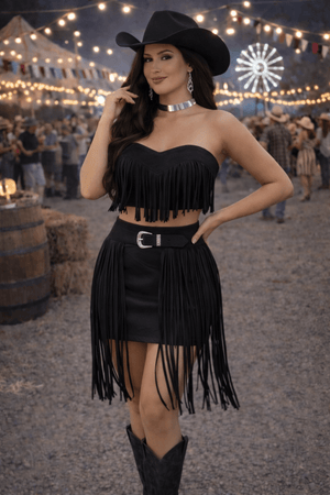 Conjunto Suede Castela Luxo | Cropped e Saia com Franjas e Fivela Western - Preciosa by Catiuse Daniela