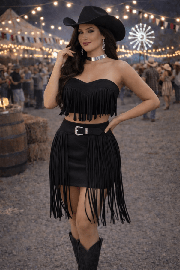 Conjunto Suede Castela Luxo | Cropped e Saia com Franjas e Fivela Western - Preciosa by Catiuse Daniela