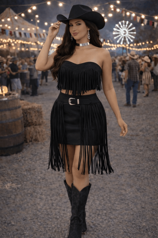 Conjunto Suede Castela Luxo | Cropped e Saia com Franjas e Fivela Western - Preciosa by Catiuse Daniela