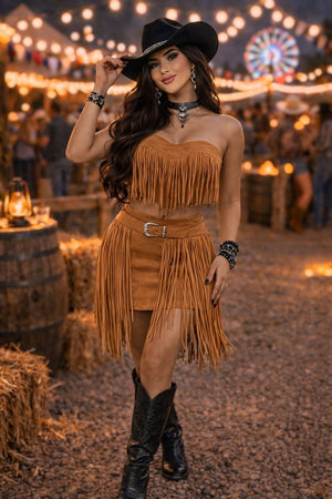 Conjunto Suede Castela Luxo | Cropped e Saia com Franjas e Fivela Western - Preciosa by Catiuse Daniela