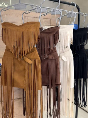 Conjunto Suede Castela Luxo | Cropped e Saia com Franjas e Fivela Western - Preciosa by Catiuse Daniela