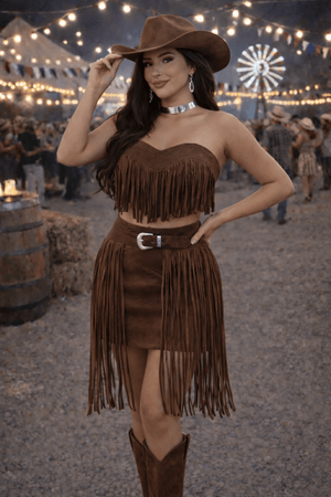 Conjunto Suede Castela Luxo | Cropped e Saia com Franjas e Fivela Western - Preciosa by Catiuse Daniela
