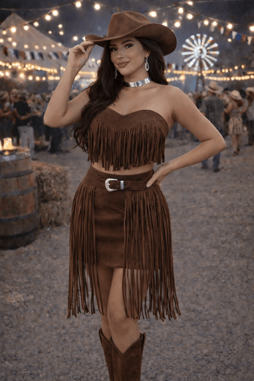 Conjunto Suede Castela Luxo | Cropped e Saia com Franjas e Fivela Western - Preciosa by Catiuse Daniela