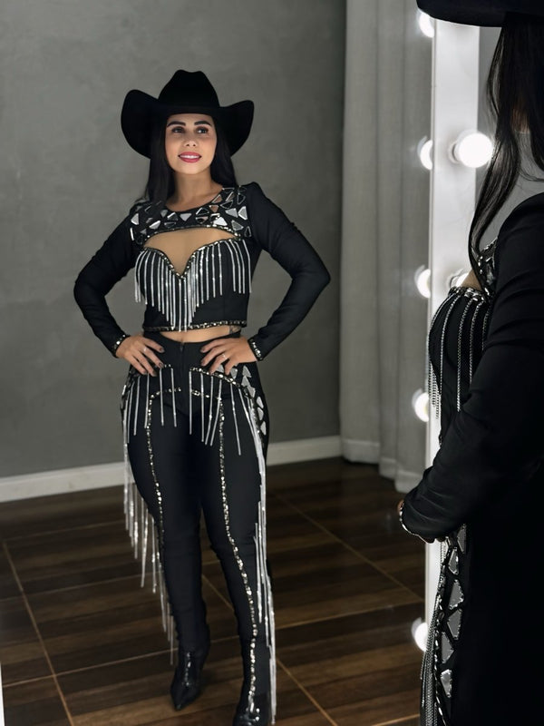 Conjunto Texas Night Luxo | Bordado em Espelhos e Franjas de Corrente - Preciosa by Catiuse Daniela